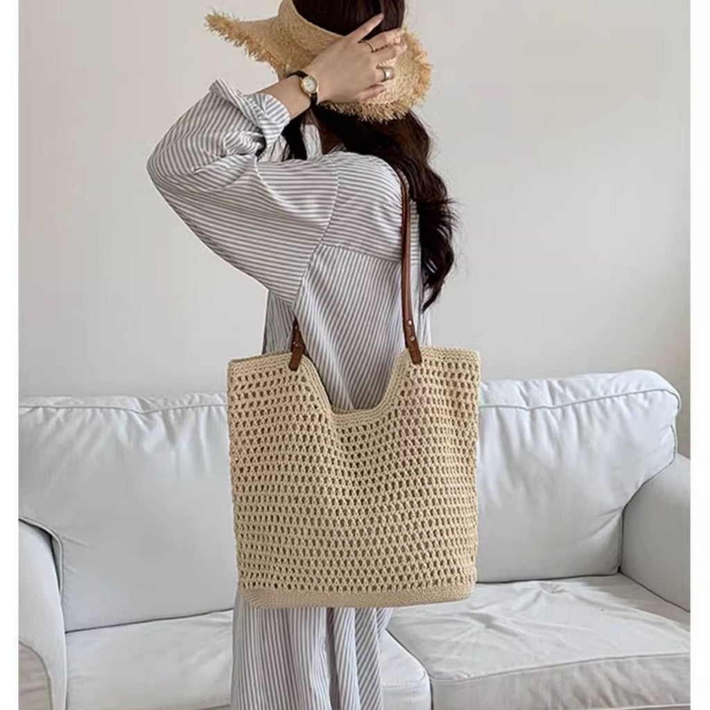 Casual Large Capacity Shoulder Cotton Woven Bag New Arrival Hollow Mesh Tote Bag Seaside Holiday Beach Bag for Women
