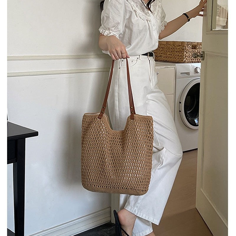 Casual Large Capacity Shoulder Cotton Woven Bag New Arrival Hollow Mesh Tote Bag Seaside Holiday Beach Bag for Women
