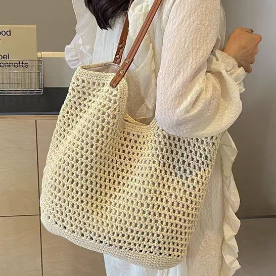 Casual Large Capacity Shoulder Cotton Woven Bag New Arrival Hollow Mesh Tote Bag Seaside Holiday Beach Bag for Women