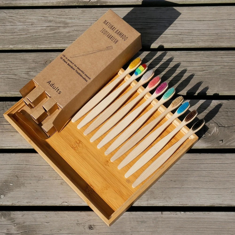 10PCS Mixed Color Bamboo Toothbrush Eco Friendly Wooden Tooth Brush Soft Bristle Tip Charcoal Adults Oral Care Toothbrush