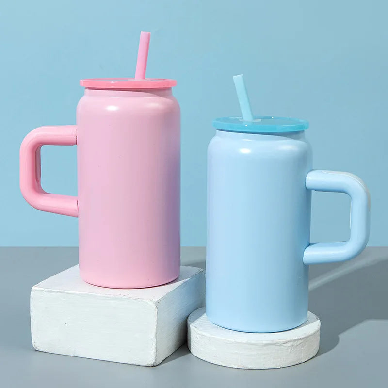 16ozMini Mason Insulated Cup with HandleStainless Steel Straw Insulated Cup Fashionable Couple Water Cup High Appearance Quality