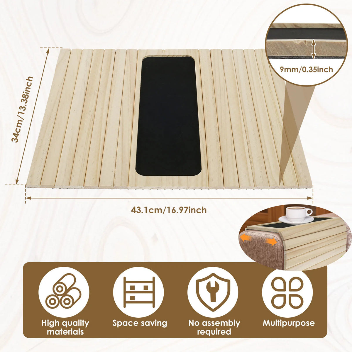 Couch Cup Holder Bamboo Wood Sofa Armrest Tray Foldable Sofa Cup Holder Anti-Slip Couch Arm Cup Holder Sofa Side Storage Tray