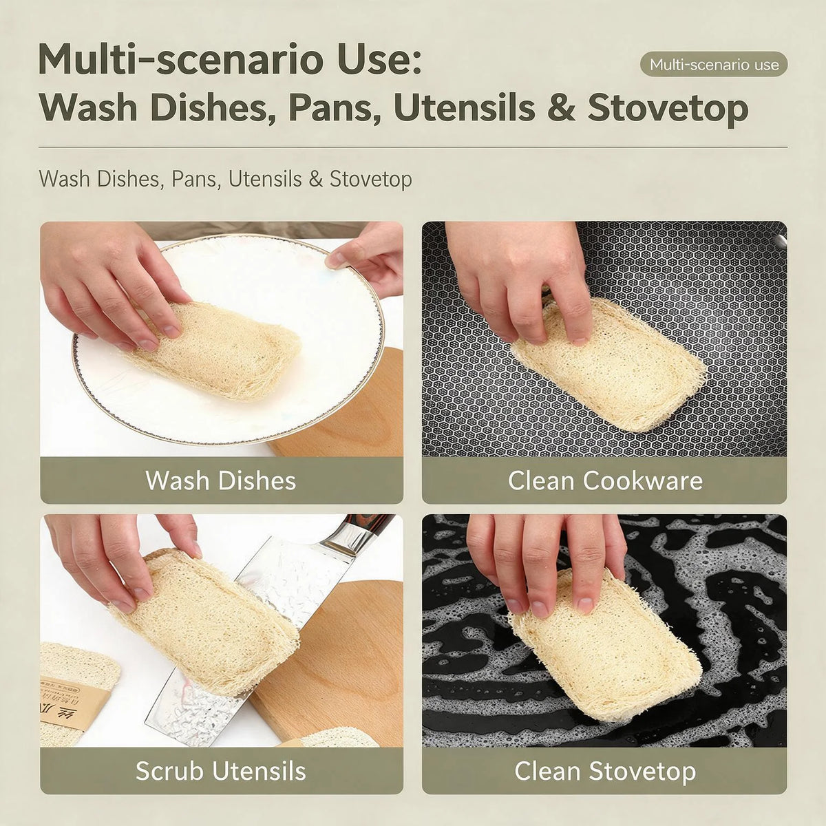 7pcs Natural Loofah Dish and Pot Scrubber Durable Grease Resistant Quick Drying Non Scratch Safe for Nonstick Cookware Kitchen Washing Dishes Pots Stove Countertop Household Cleaning Sponge for Home Cooks Eco Friendly Biodegr