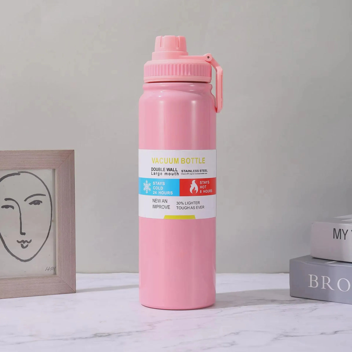 Insulated Stainless Steel Thermal Bottle 600-1000ML Vacuum Flask for Sports and Car Travel, Keeps Beverages Hot & Cold