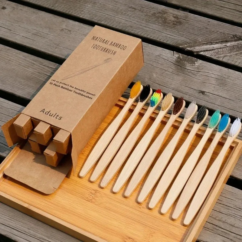 10PCS Mixed Color Bamboo Toothbrush Eco Friendly Wooden Tooth Brush Soft Bristle Tip Charcoal Adults Oral Care Toothbrush