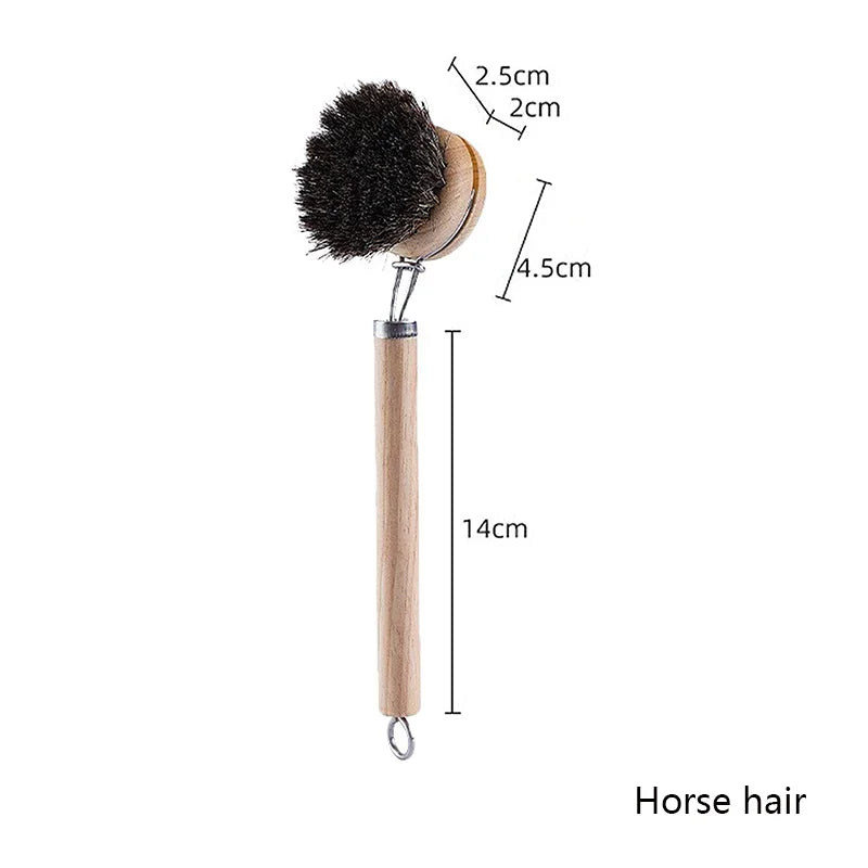 Eco-Friendly Wooden Long Handle Cleaning Brush - Detachable Natural Bristle Head for Pots Bowls, Non-Scratch Kitchen Tool