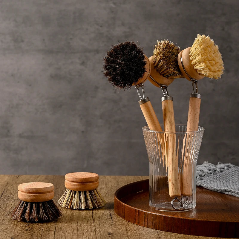 Eco-Friendly Wooden Long Handle Cleaning Brush - Detachable Natural Bristle Head for Pots Bowls, Non-Scratch Kitchen Tool