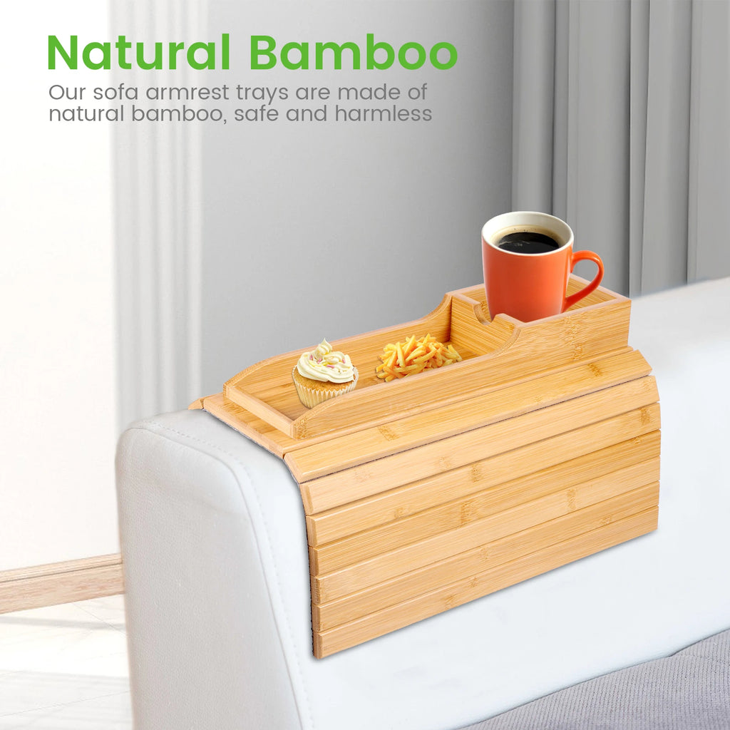 Couch Cup Holder Natural Anti-Slip Bamboo Sofa Armrest Tray Foldable Multifunctional Sofa Cup Holder for Cups Remote Control