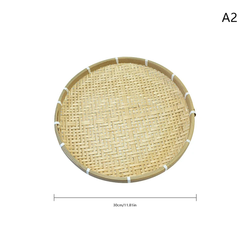 【1PC Round Bamboo Woven Fruit Basket Tray Flat Wicker Food Storage Shallow Tray Kitchen Decor Serving Tray】