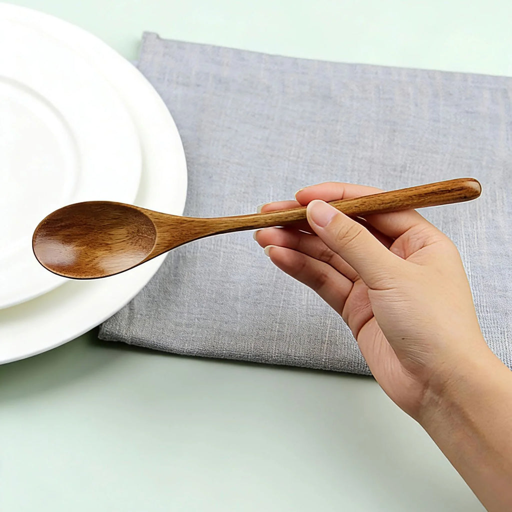 5 Pieces Wooden Spoon Soup Spoon and Fork Tableware Natural Ellipse Ladle Spoon Set Eco Friendly Products Spoons for Cooking