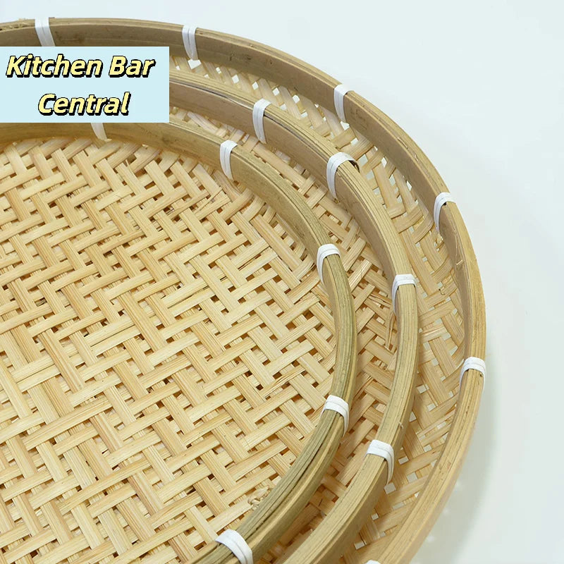 【1PC Round Bamboo Woven Fruit Basket Tray Flat Wicker Food Storage Shallow Tray Kitchen Decor Serving Tray】