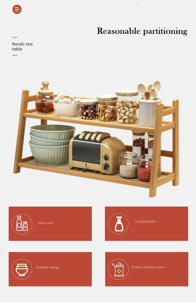 2 Layer Spice Caddy Shelf Bamboo Kitchen Storage Rack Desktop Cabinet Organizer Display Rack Coffee Bar Counter Shelf Cup Holder