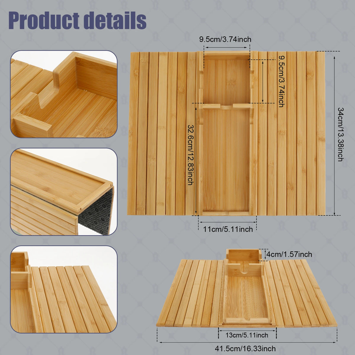 3 in 1 Couch Cup Holder Natural Bamboo Sofa Armrest Tray Foldable Beverage Cups Remote Control Phone Holder Multifunctional