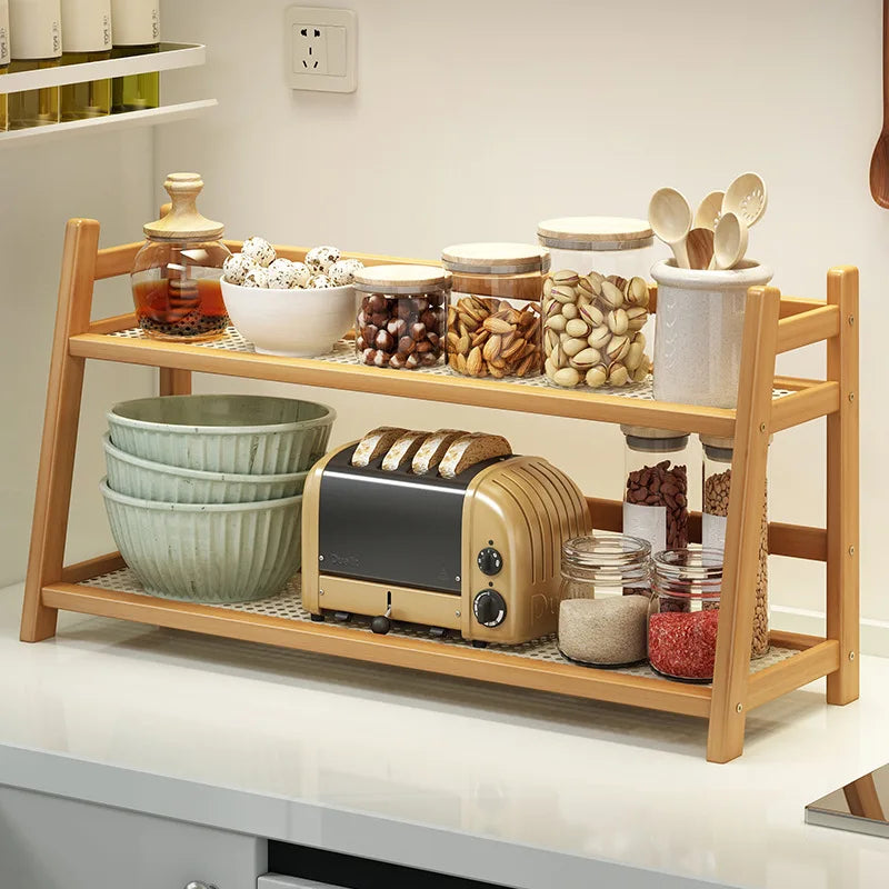 2 Layer Spice Caddy Shelf Bamboo Kitchen Storage Rack Desktop Cabinet Organizer Display Rack Coffee Bar Counter Shelf Cup Holder
