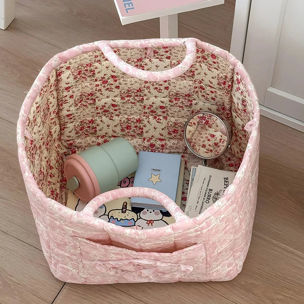 Airfriend Vintage Floral Organizers Basket With Handle Portable Home Room Quilted Foldable Storage Basket For Snack Clothes Toys