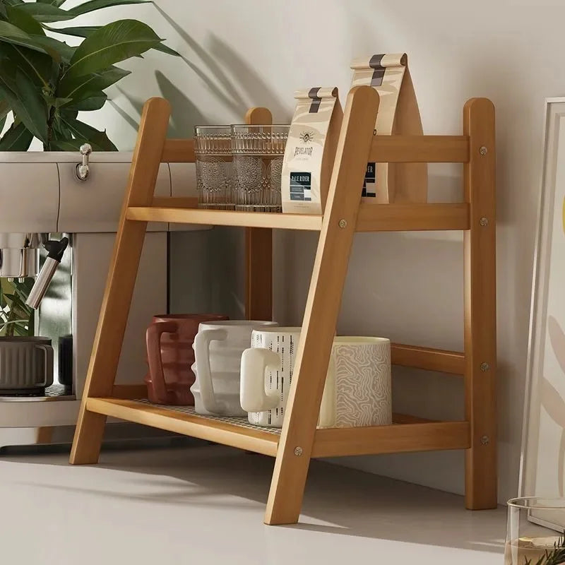 Dual Layer Bamboo Kitchen Storage Shelf Desktop Spice Cup Seasoning Coffee Bar Organizer Rack