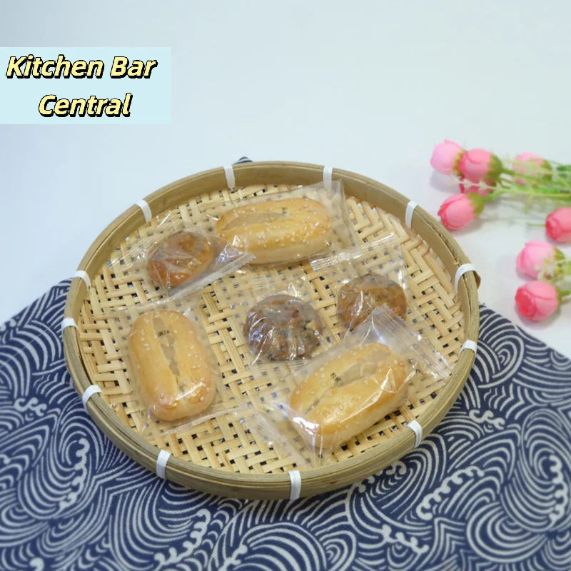 【1PC Round Bamboo Woven Fruit Basket Tray Flat Wicker Food Storage Shallow Tray Kitchen Decor Serving Tray】