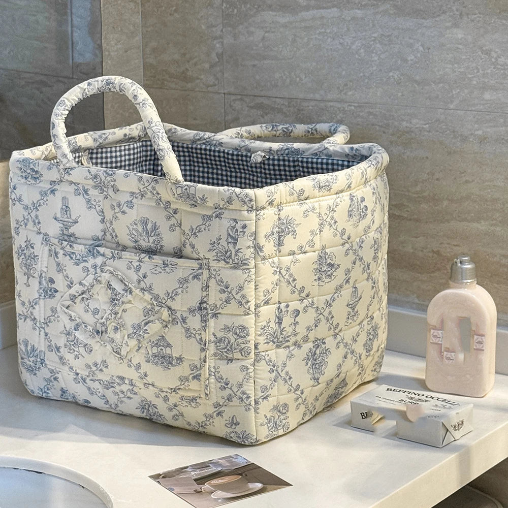 Airfriend Vintage Floral Organizers Basket With Handle Portable Home Room Quilted Foldable Storage Basket For Snack Clothes Toys