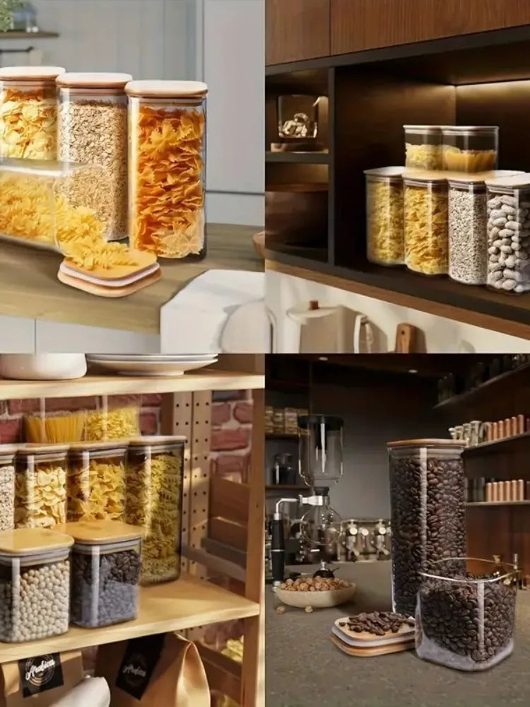 2/4 Pieces, 540Ml/1000Ml Glass Food Storage Jars with Bamboo Lids, Transparent Square Sealed Kitchen Storage Container Set, Stackable Glass Food Storage Jars, Suitable for Kitchen Countertops, Candy, Cookies, Rice, Grains