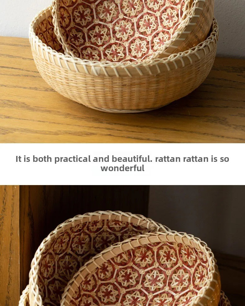 Kitchen Home Use Round Hand Woven Bamboo Storage Basket Rustic Foldable Basket for Fruit Snack Vegetable & Dirty Clothes Frame