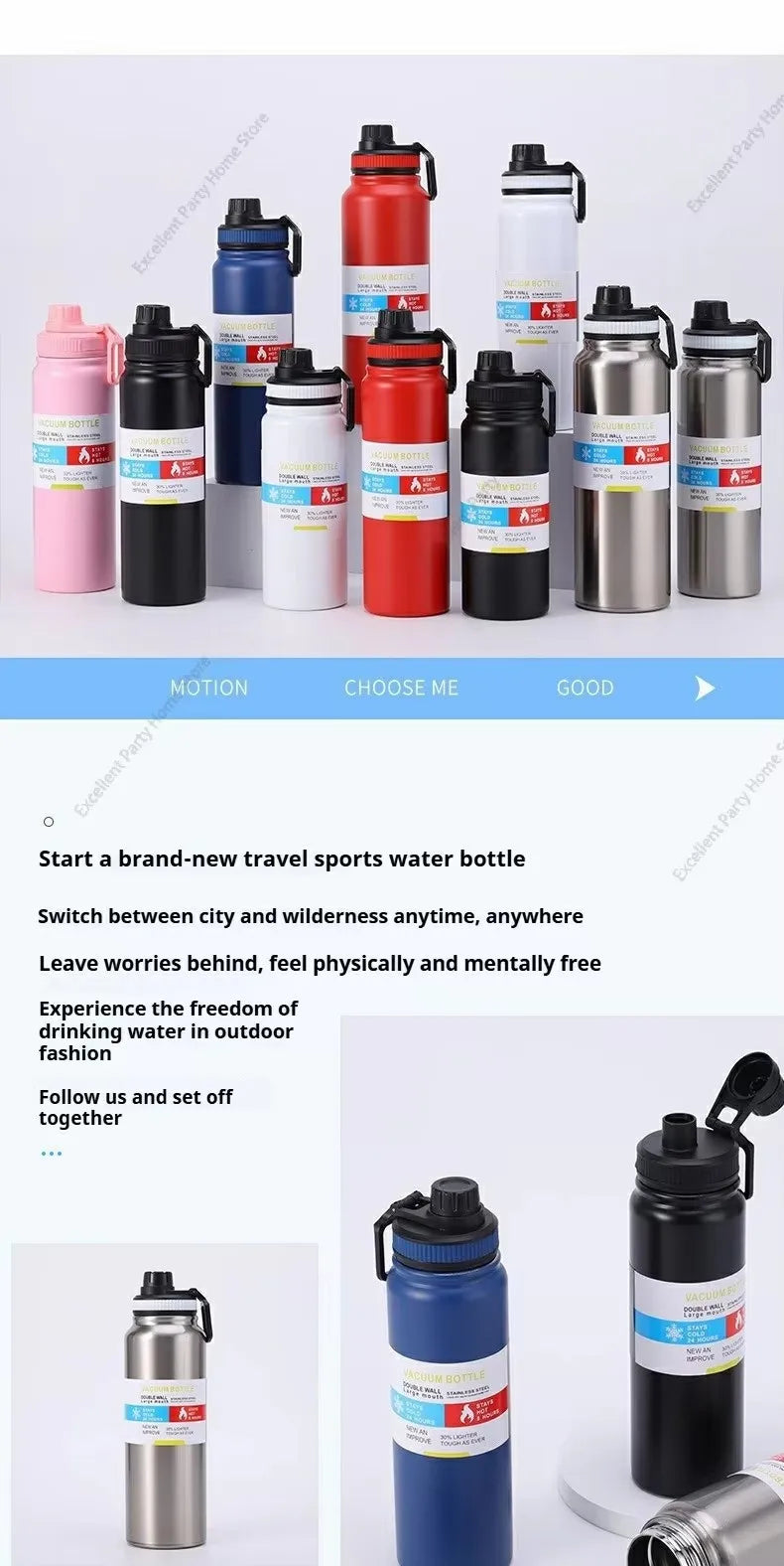 Insulated Stainless Steel Thermal Bottle 600-1000ML Vacuum Flask for Sports and Car Travel, Keeps Beverages Hot & Cold