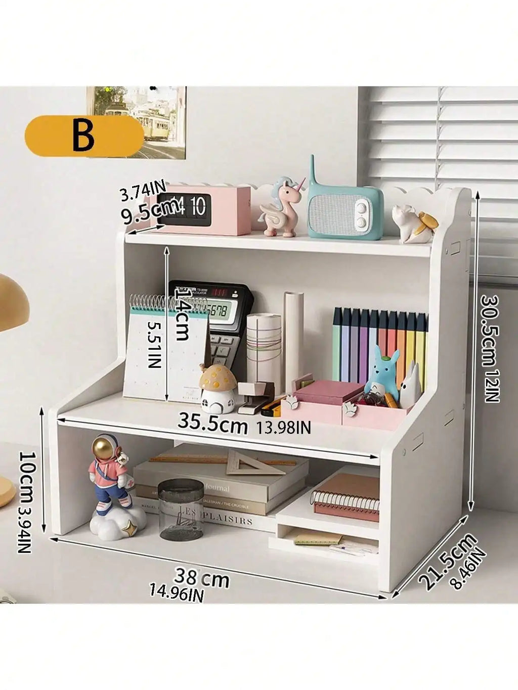 Multi Compartment White Desktop Storage Organizer, Multi-Layer Large Capacity Desk Caddy Shelf, Partition Stationery Holder, Space Saving Tabletop Display Rack Notebooks Cosmetics, Easy Assembly Desk Storage Unit For Home Off