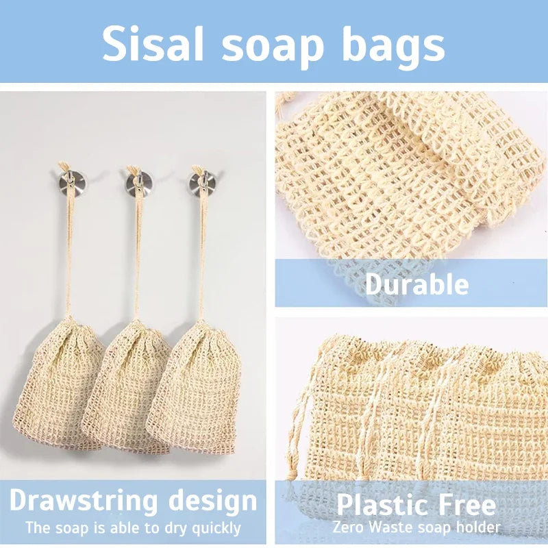 3/5Pcs Sisal Soap Saver Bag Exfoliating Mesh Pouch Eco Friendly Natural Zero Waste Foaming And Scrubbing Sisal Bag FOR Bathroom
