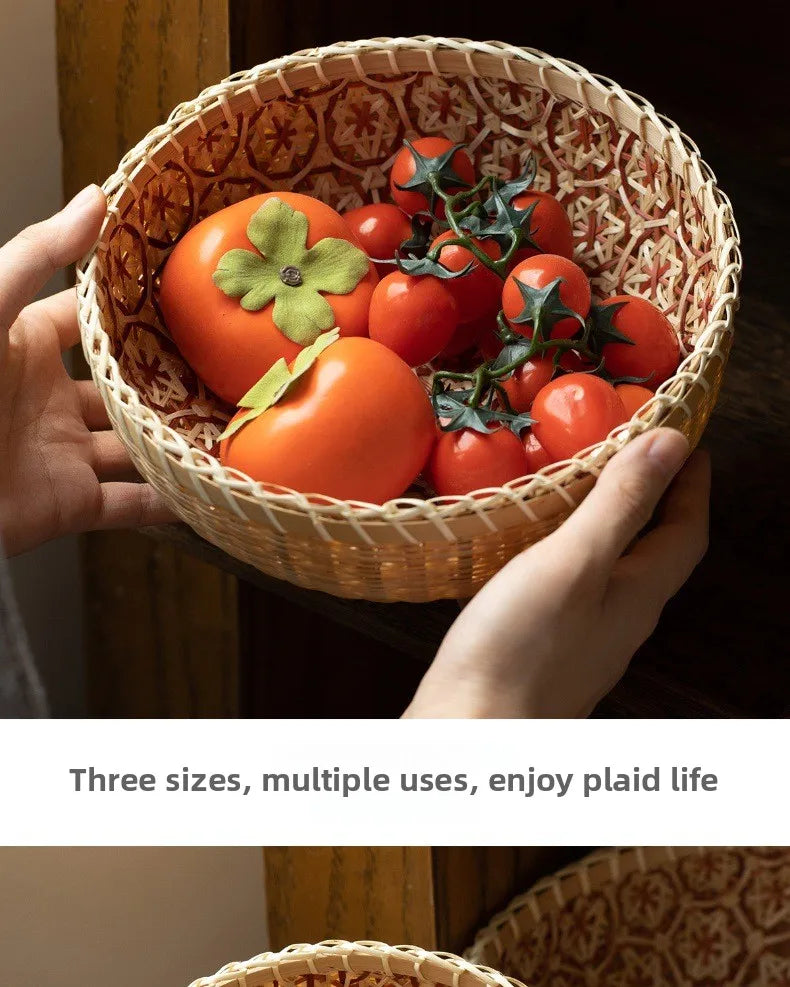 Kitchen Home Use Round Hand Woven Bamboo Storage Basket Rustic Foldable Basket for Fruit Snack Vegetable & Dirty Clothes Frame