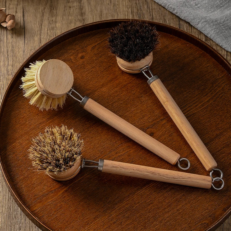 Eco-Friendly Wooden Long Handle Cleaning Brush - Detachable Natural Bristle Head for Pots Bowls, Non-Scratch Kitchen Tool