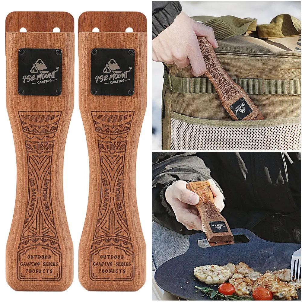 Outdoor Natural Wood Grill Pan Handle Detachable Heat Resistant Anti Scald Grip BBQ Plate Clip Portable Camping Cooking Tool