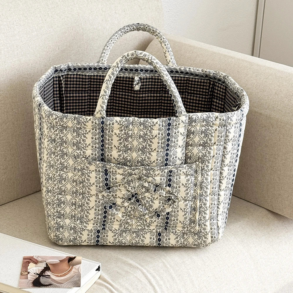 Airfriend Vintage Floral Organizers Basket With Handle Portable Home Room Quilted Foldable Storage Basket For Snack Clothes Toys