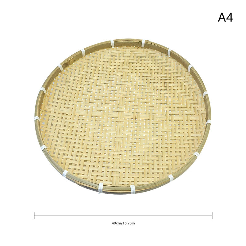 【1PC Round Bamboo Woven Fruit Basket Tray Flat Wicker Food Storage Shallow Tray Kitchen Decor Serving Tray】