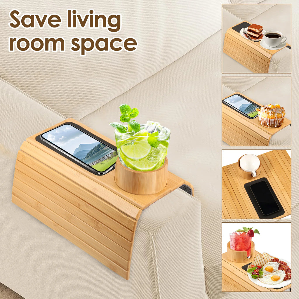 3 in 1 Couch Cup Holder Natural Bamboo Sofa Armrest Tray Foldable Beverage Cups Remote Control Phone Holder Multifunctional