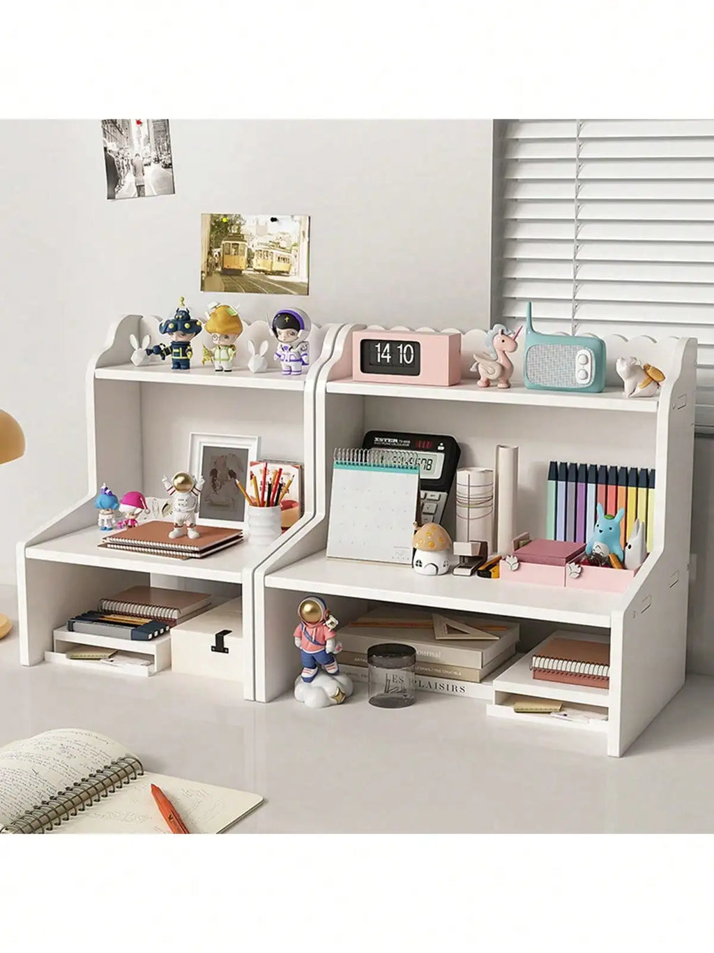 Multi Compartment White Desktop Storage Organizer, Multi-Layer Large Capacity Desk Caddy Shelf, Partition Stationery Holder, Space Saving Tabletop Display Rack Notebooks Cosmetics, Easy Assembly Desk Storage Unit For Home Off