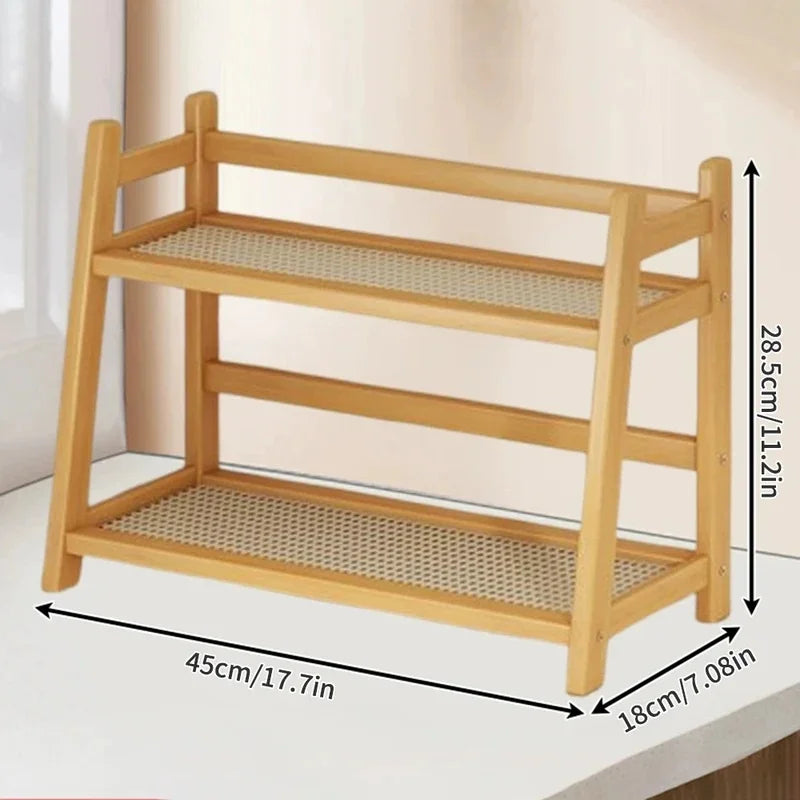 Dual Layer Bamboo Kitchen Storage Shelf Desktop Spice Cup Seasoning Coffee Bar Organizer Rack