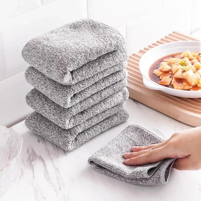 1/100PCS Gray Bamboo Charcoal Thickened Super Absorbent Dishcloth Anti-grease Kitchen Wiping Rags Microfiber Cleaning Cloths