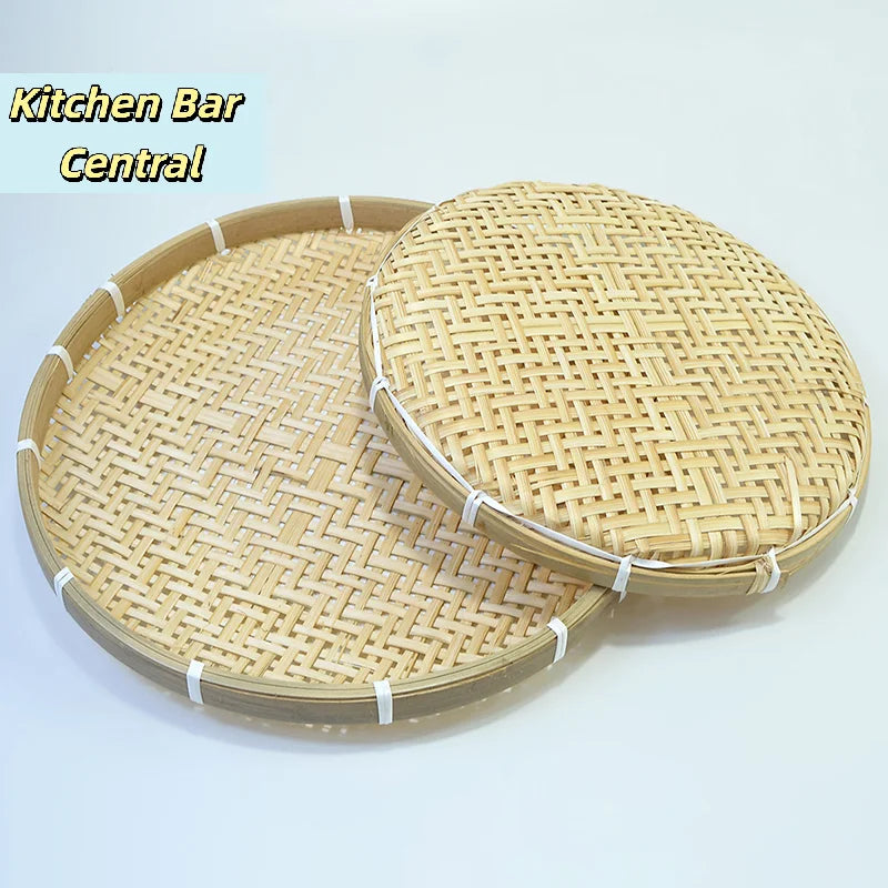【1PC Round Bamboo Woven Fruit Basket Tray Flat Wicker Food Storage Shallow Tray Kitchen Decor Serving Tray】