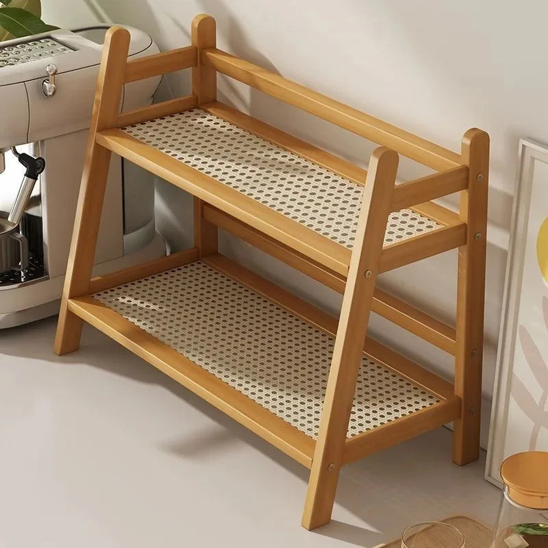 Dual Layer Bamboo Kitchen Storage Shelf Desktop Spice Cup Seasoning Coffee Bar Organizer Rack