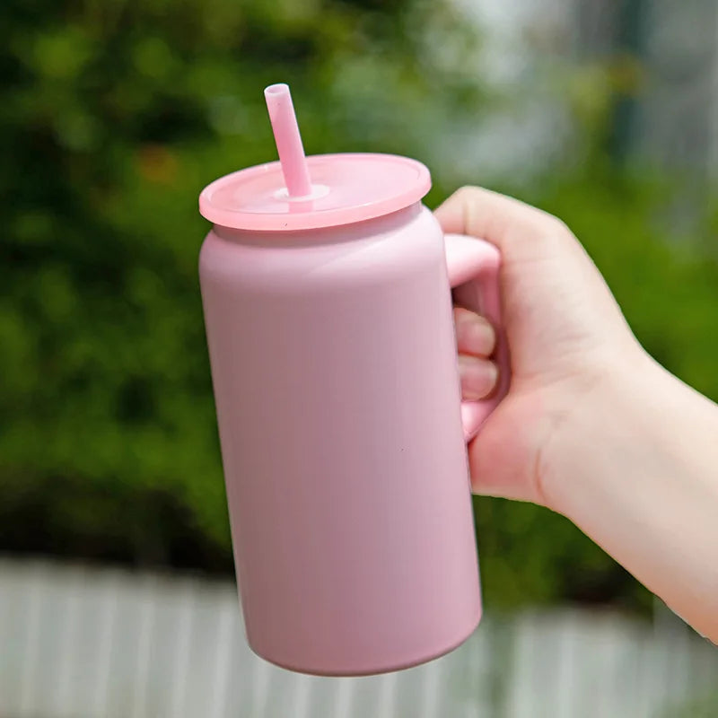 16ozMini Mason Insulated Cup with HandleStainless Steel Straw Insulated Cup Fashionable Couple Water Cup High Appearance Quality