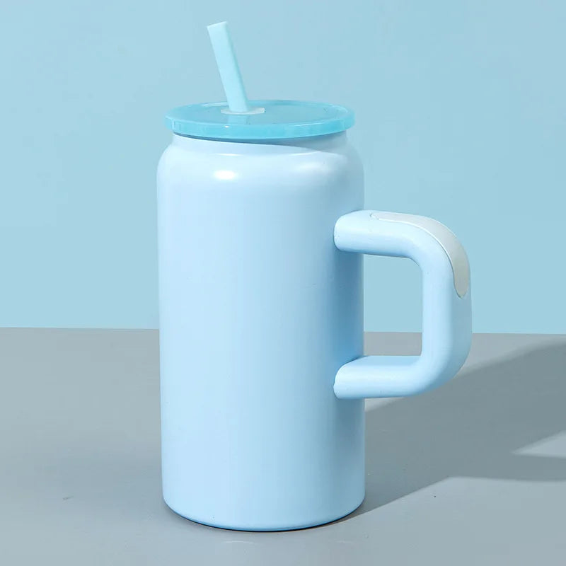 16ozMini Mason Insulated Cup with HandleStainless Steel Straw Insulated Cup Fashionable Couple Water Cup High Appearance Quality