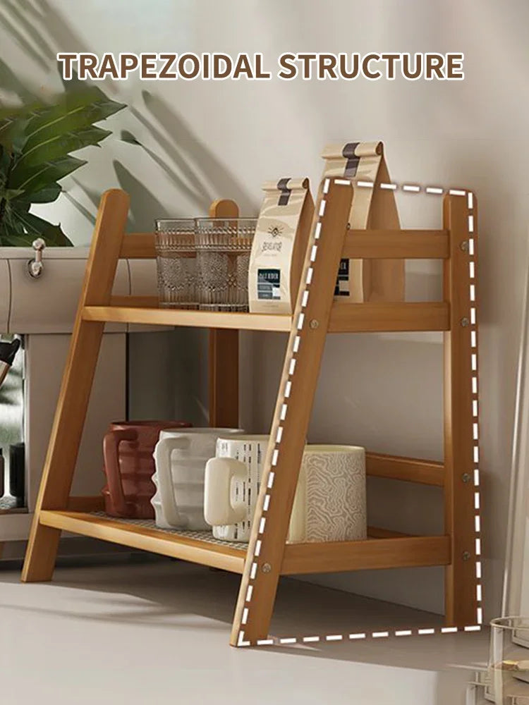 Dual Layer Bamboo Kitchen Storage Shelf Desktop Spice Cup Seasoning Coffee Bar Organizer Rack