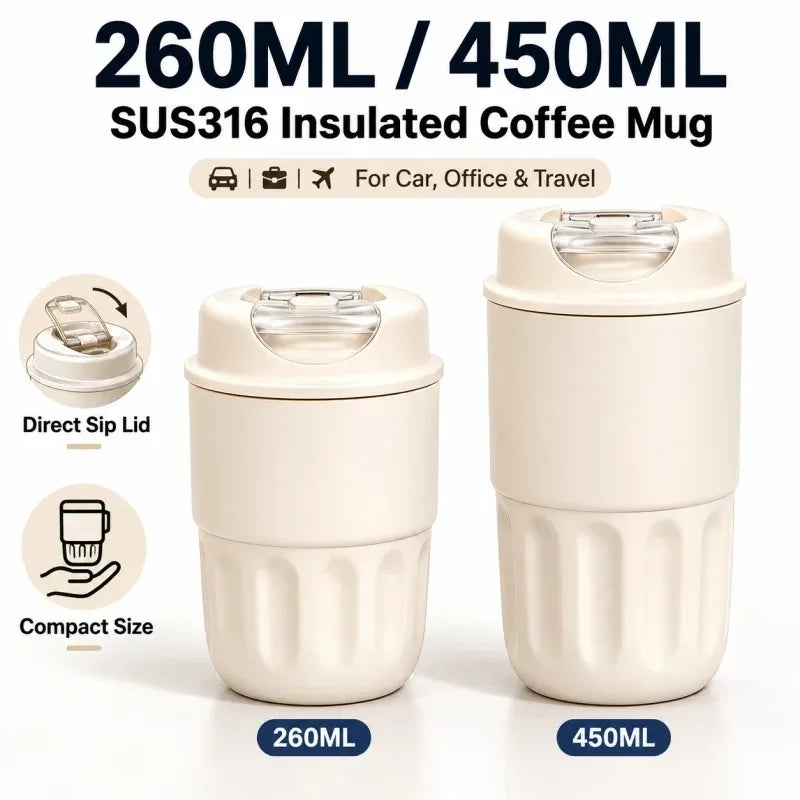 260ML 450ML  Thermal Coffee Mug Leakproof Portable Travel Tumbler with Lid Stainless Steel Cup for Car Work Hot Cold Drink
