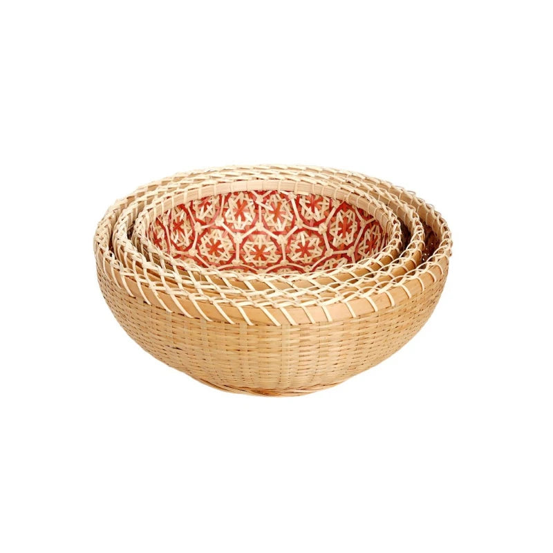 Kitchen Home Use Round Hand Woven Bamboo Storage Basket Rustic Foldable Basket for Fruit Snack Vegetable & Dirty Clothes Frame