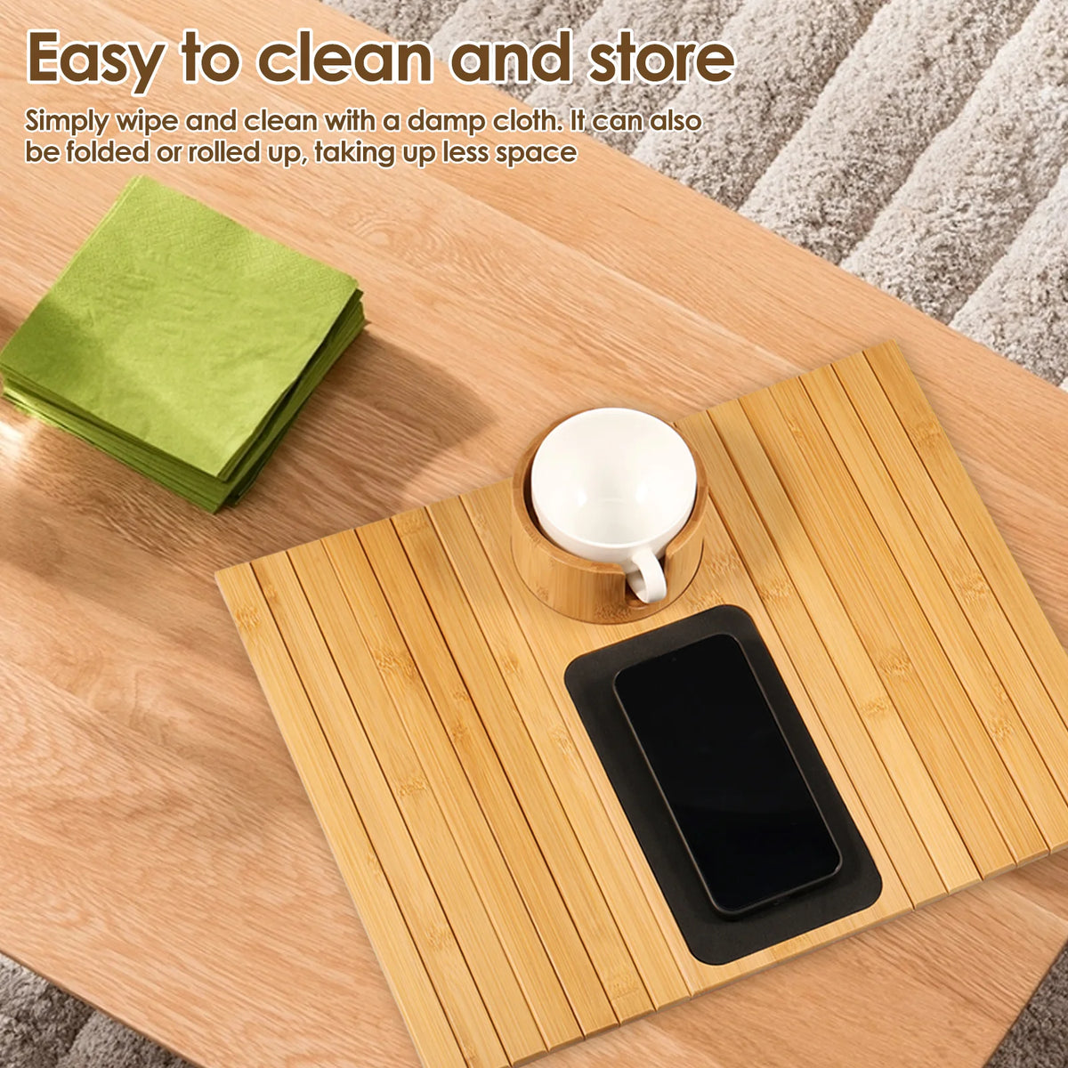 3 in 1 Couch Cup Holder Natural Bamboo Sofa Armrest Tray Foldable Beverage Cups Remote Control Phone Holder Multifunctional