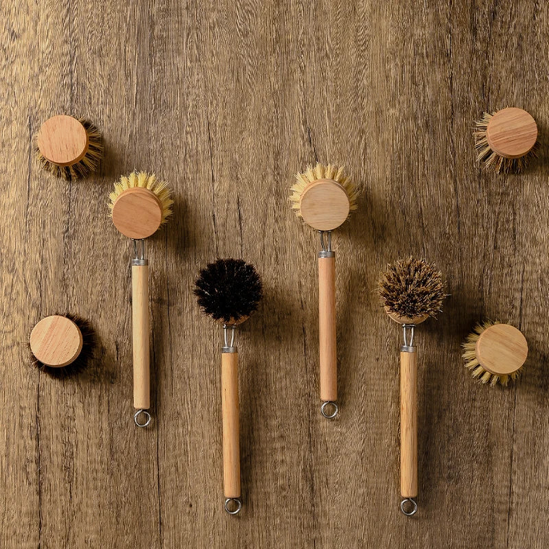 Eco-Friendly Wooden Long Handle Cleaning Brush - Detachable Natural Bristle Head for Pots Bowls, Non-Scratch Kitchen Tool