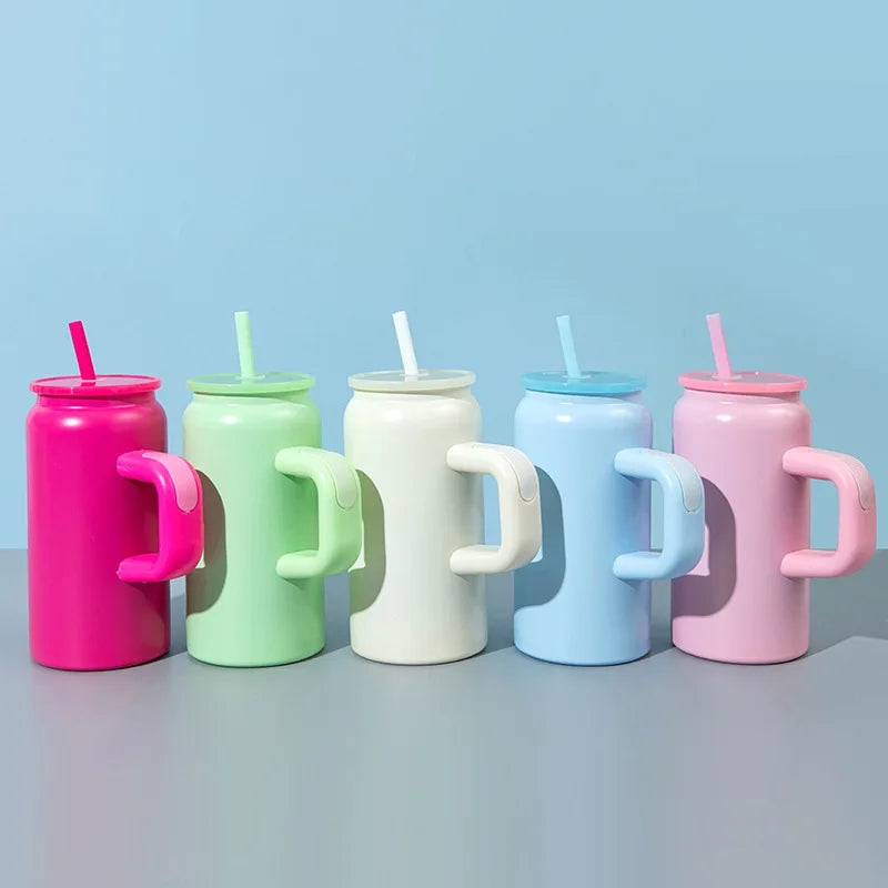 16ozMini Mason Insulated Cup with HandleStainless Steel Straw Insulated Cup Fashionable Couple Water Cup High Appearance Quality