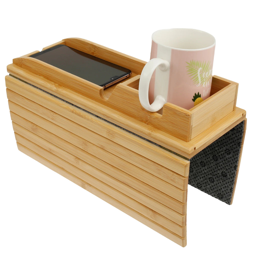 3 in 1 Couch Cup Holder Natural Bamboo Sofa Armrest Tray Foldable Beverage Cups Remote Control Phone Holder Multifunctional