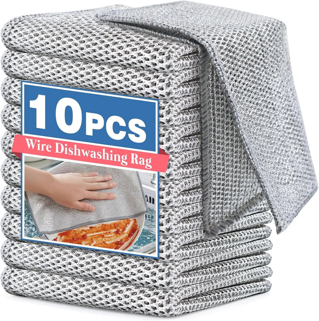 1/100pcs Magic Dishcloth Silver Wire Cleaning Kitchen Cloth Thickened Microfiber Wash Towel Built-in Sponge Steel Wire Ball Rag