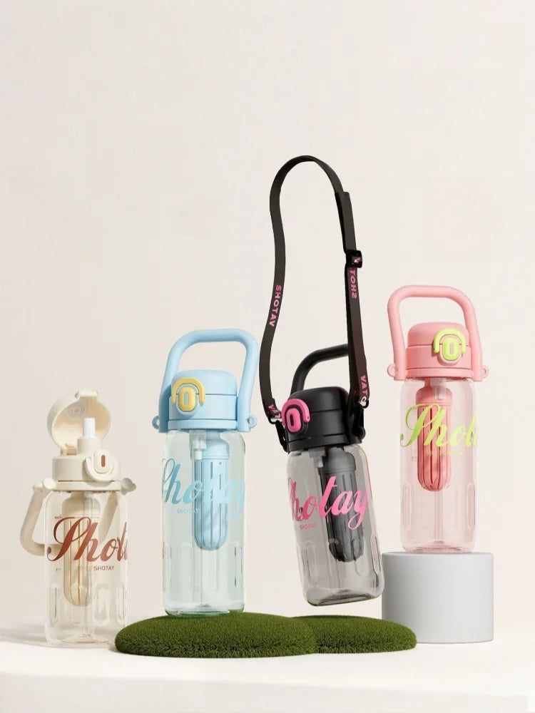 SHOTAY 850/1000ml Tritan Water Bottle BPA-Free Straw Cup with Pop-up Lid＆Tea Strainer Portable Summer Drink Cups Travel Mug