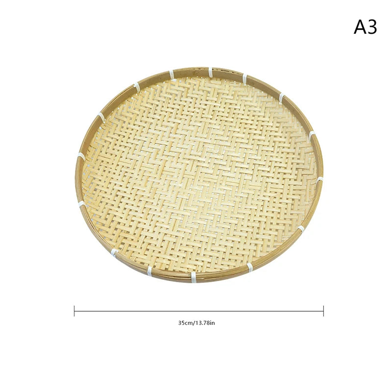 【1PC Round Bamboo Woven Fruit Basket Tray Flat Wicker Food Storage Shallow Tray Kitchen Decor Serving Tray】
